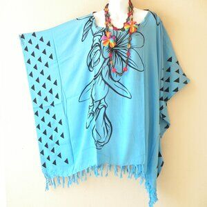 KB438 Blue Floral Batik Tunic Kaftan Poncho Blouse Top Up to 5X